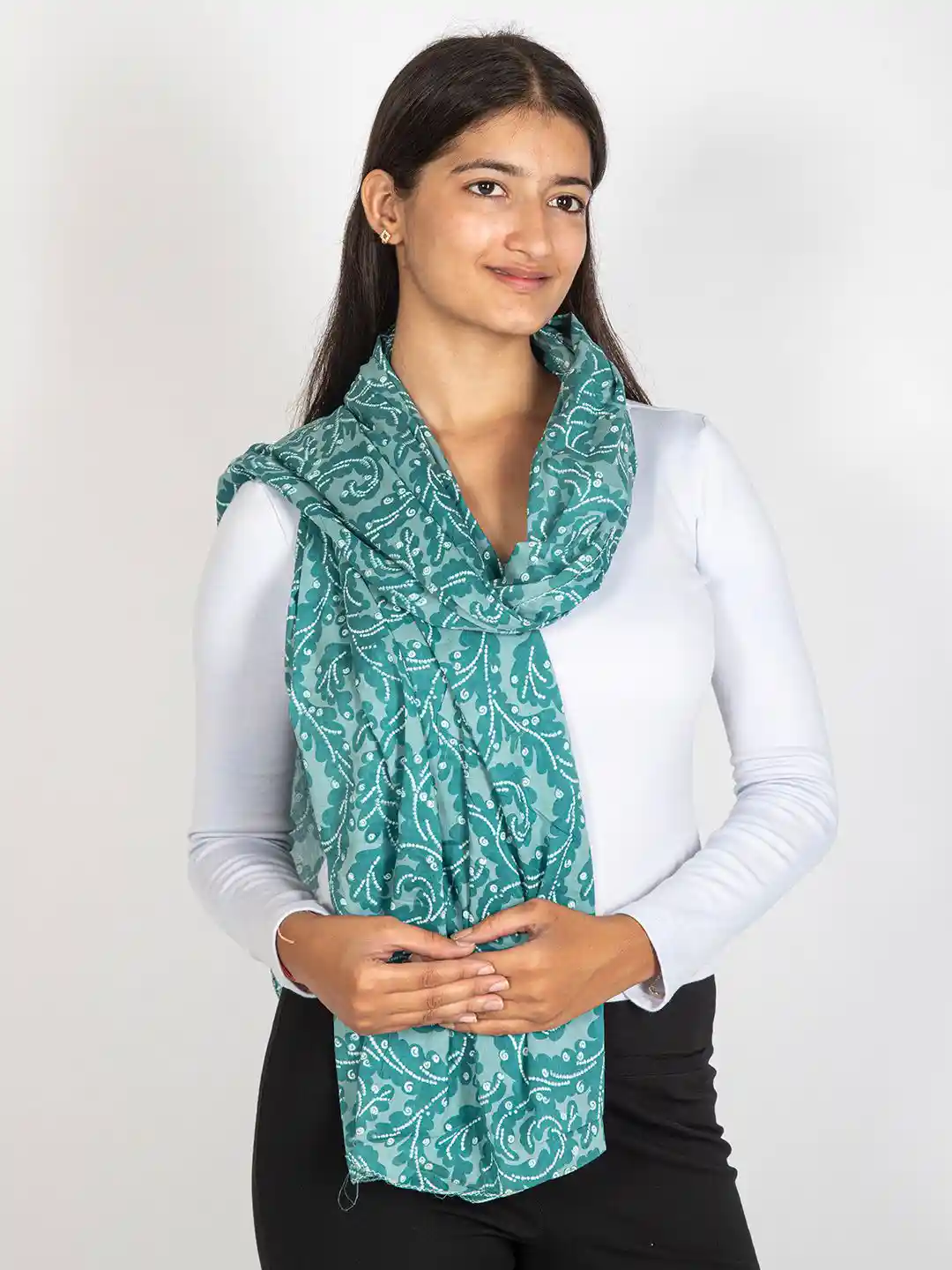 Buy Contrast Living Women Printed Cotton Scarf With Printed Border