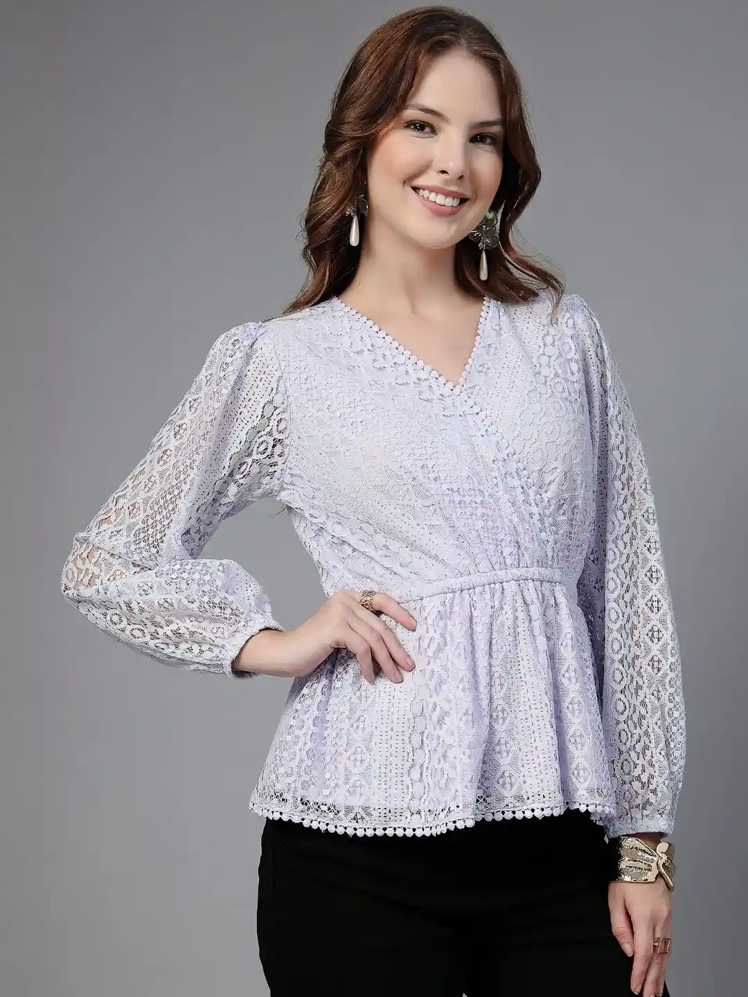 Buy Style Quotient Puff Sleeve Lace Peplum Top Tops for Women