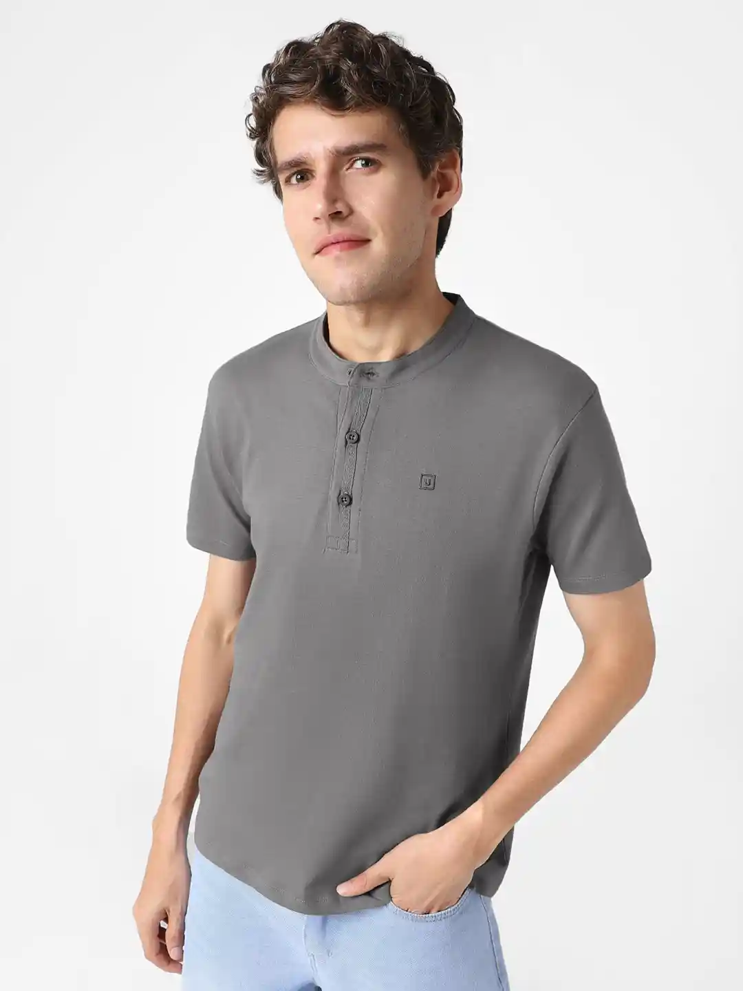 Buy Urbano Fashion Men's Dark Grey Solid Mandarin Collar Slim Fit