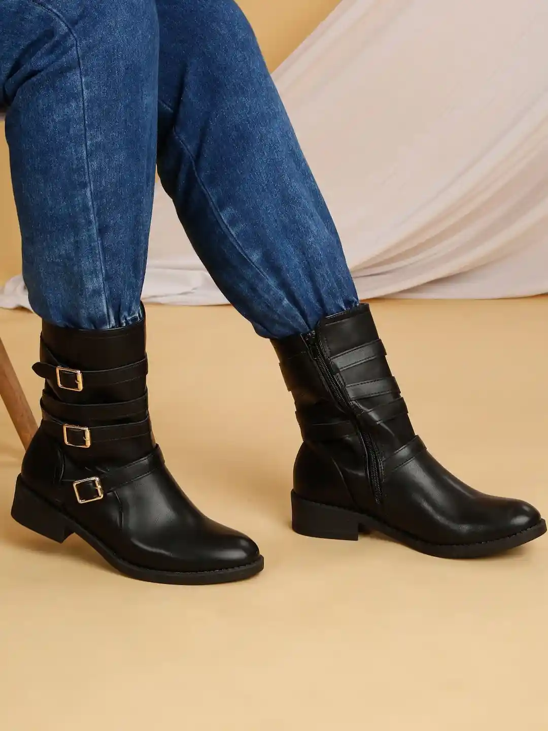 Buy Flat n Heels Women Mid-Top Round Toe Biker Boots With Buckle