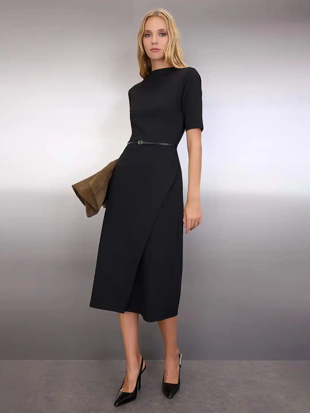 Buy Trendyol Women High Neck Short Sleeves Belted Formal Sheath