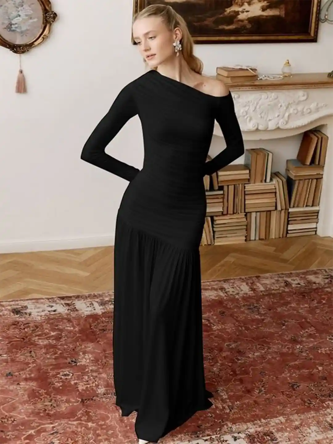 Buy LULU SKY Women One Shoulder Long Sleeves Ruched Drop-Waist