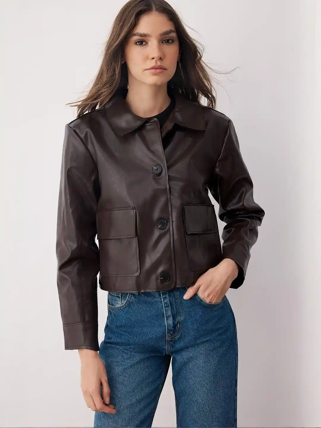 Buy Trendyol Spread Collar Long Sleeves Crop Leather Jacket