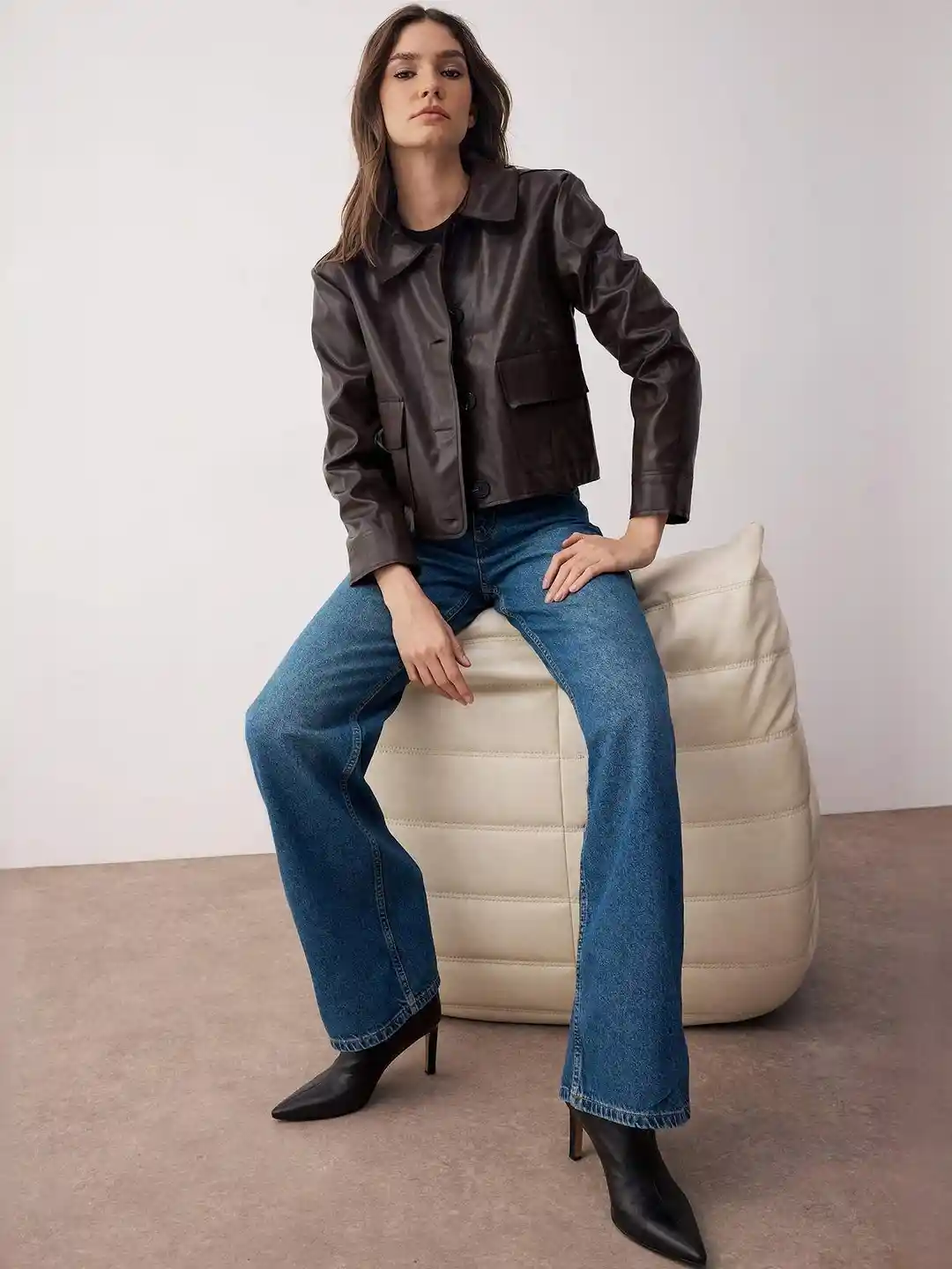 Buy Trendyol Spread Collar Long Sleeves Crop Leather Jacket