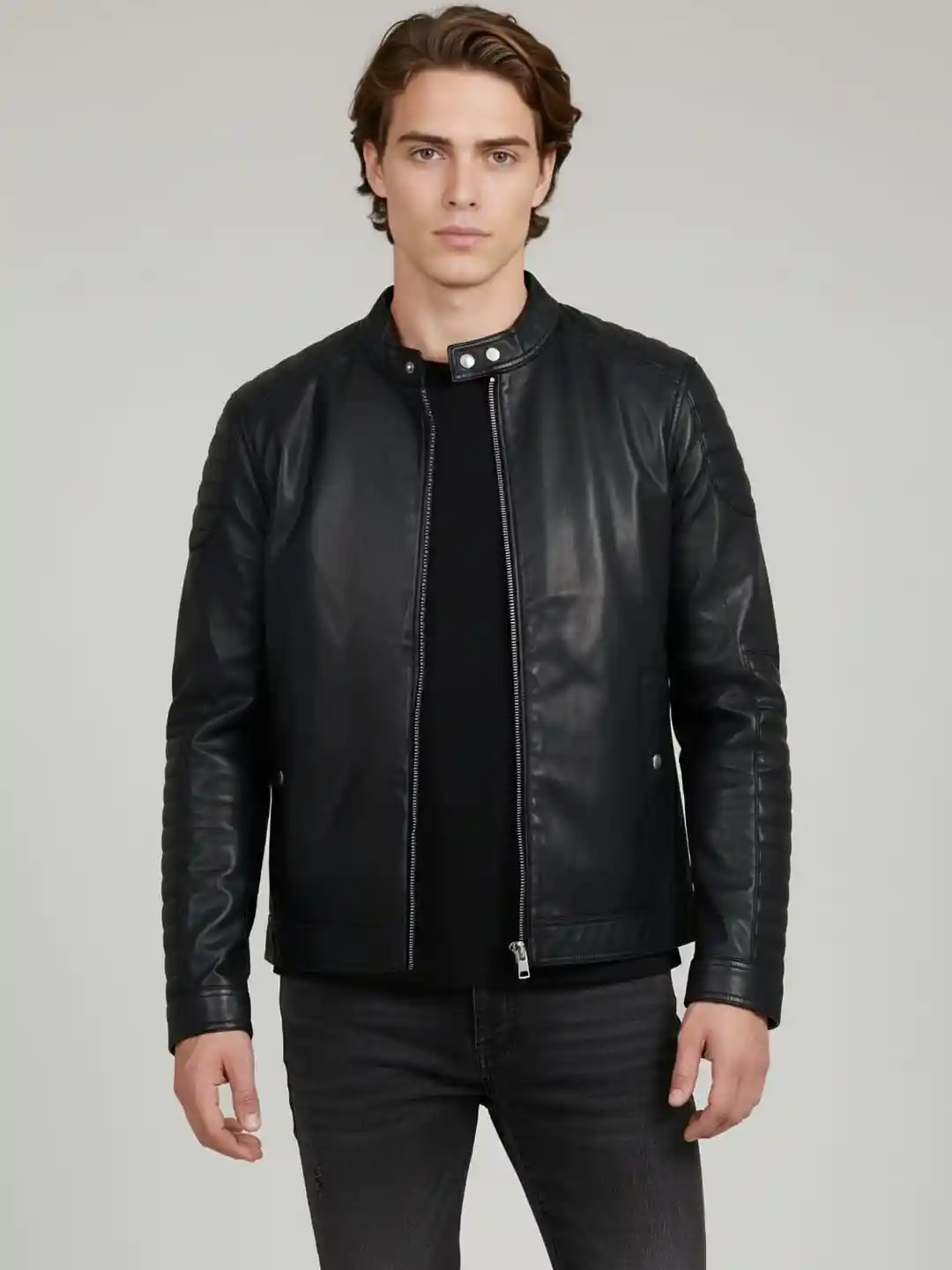 Buy Celio Men Stand Collar Solid Lightweight Biker Jacket