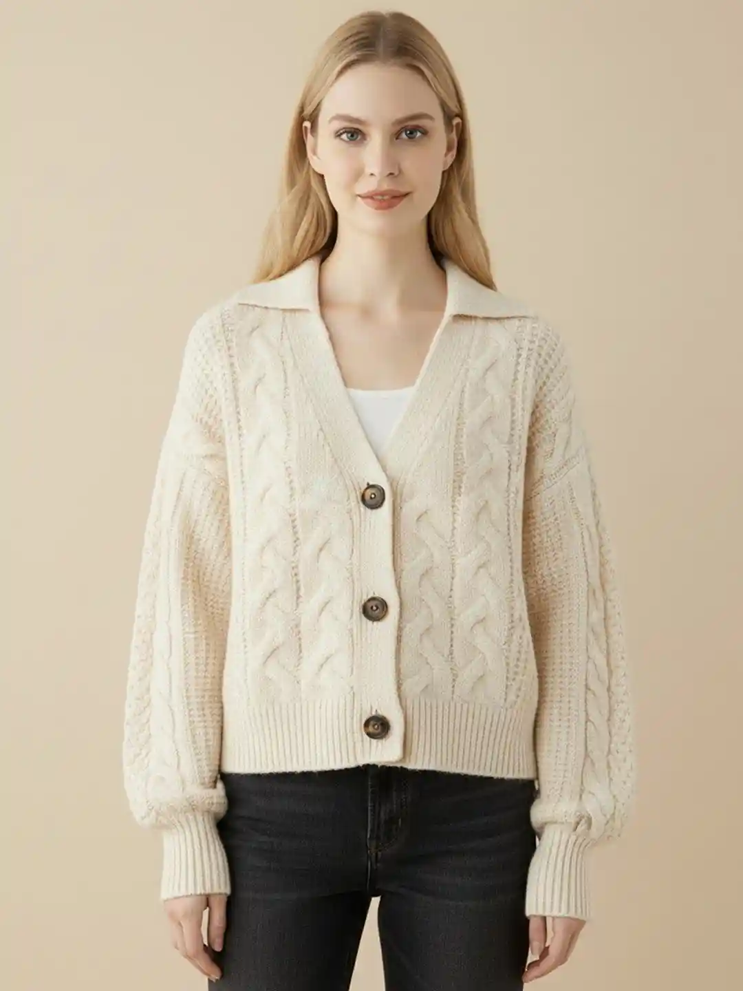 Buy DressBerry Women Beige Cable Knit Cotton Long Sleeves Cardigan