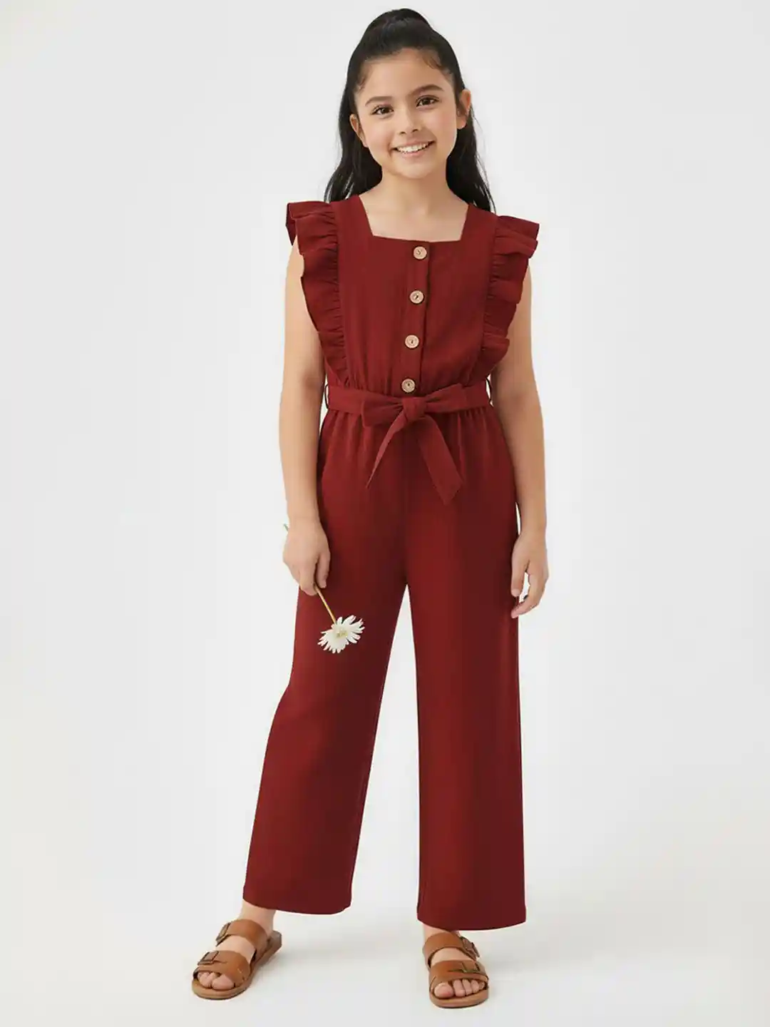 YK X Trampoline Girls Solid Waist Tie-Ups Ruffle Square Neck Cotton Jumpsuit