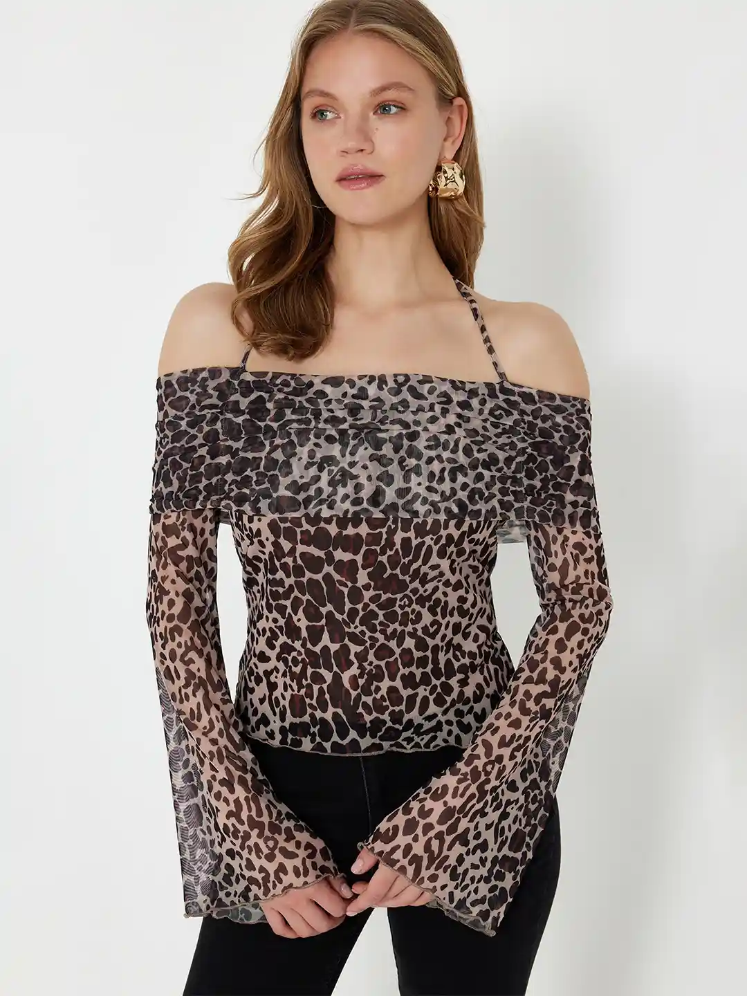 Buy Trendyol Animal Print Off-Shoulder Bell Sleeve Bardot Top