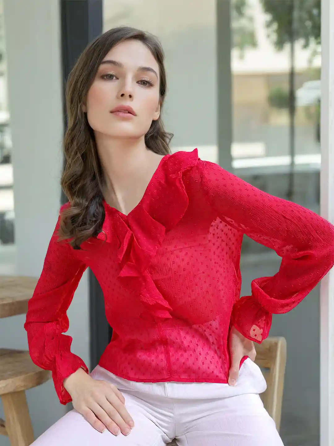 Freehand by The Indian Garage Co Self Design Ruffled Bell Sleeve Top