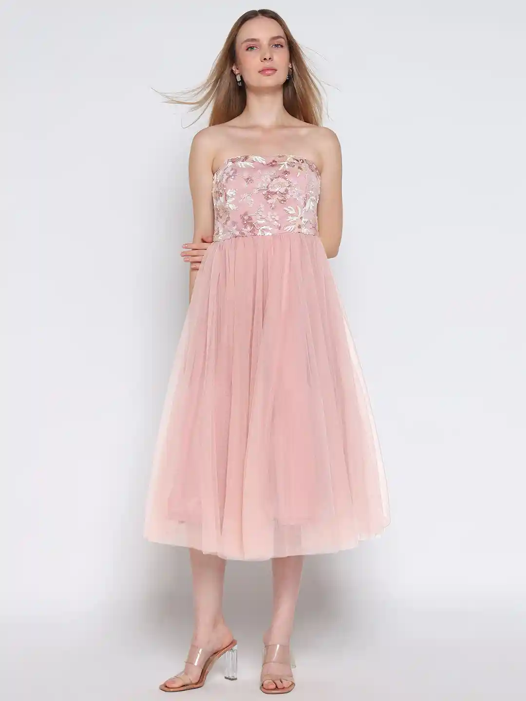 Buy COVER STORY Floral Embroidered Strapless Tulle Fit Flare
