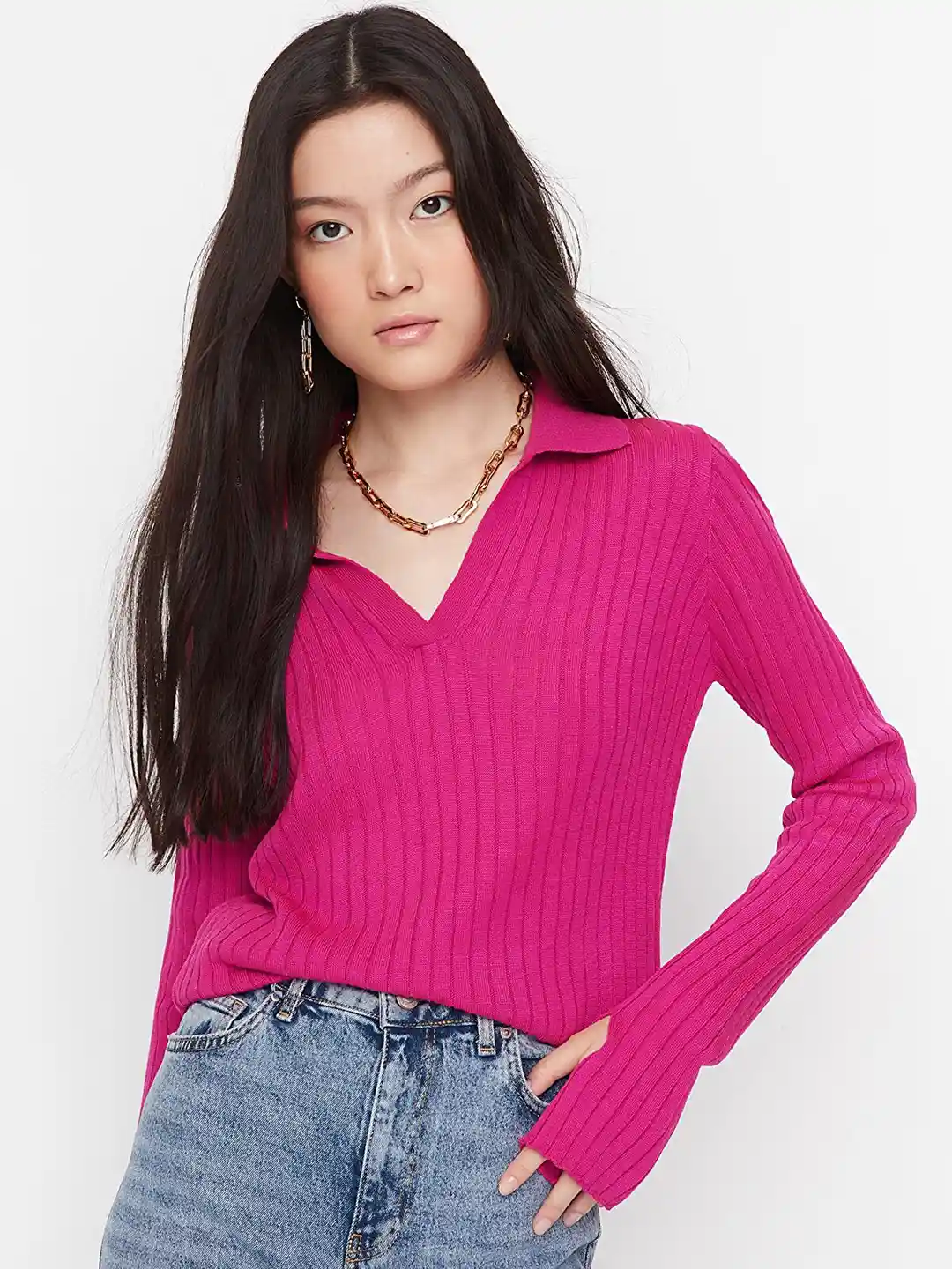 Buy Trendyol Women Fuchsia Ribbed Acrylic Pullover Sweaters for