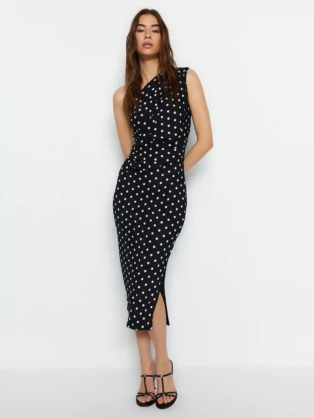 Trendyol Polka Dot Printed One Shoulder Sheath Midi Dress