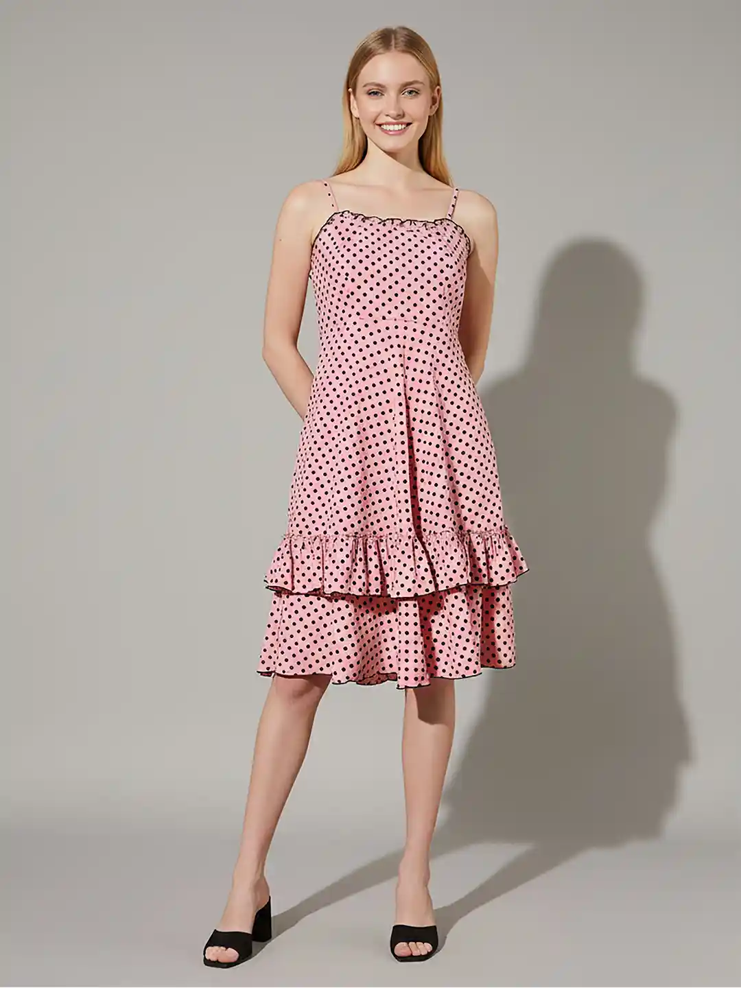 Mast Harbour Women Polka Dot Printed Ruffled Fit Flare Dress