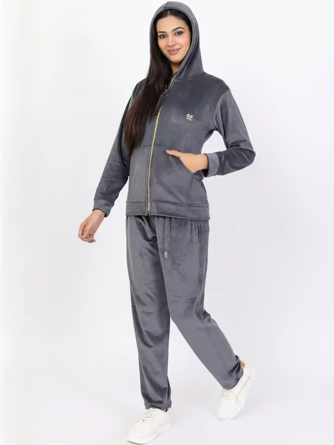 Buy D-LINE Women Hooded Neck Mid-Rise Velvet Tracksuits