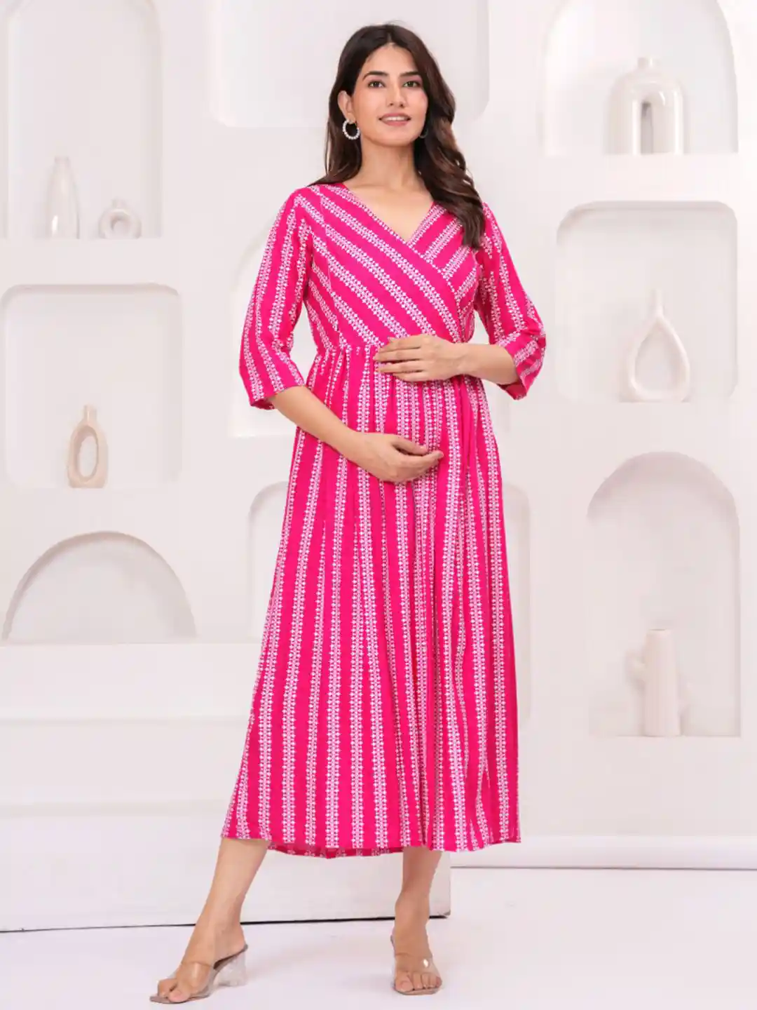 Buy KHEJAL Women Striped Printed V-Neck Maternity Wrap Midi Dress