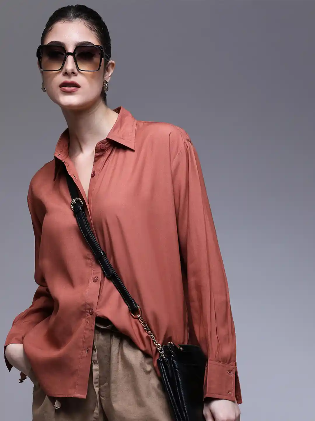 Buy Paper Cut Oversized Spread Collar Back Tie-Up Solid Casual