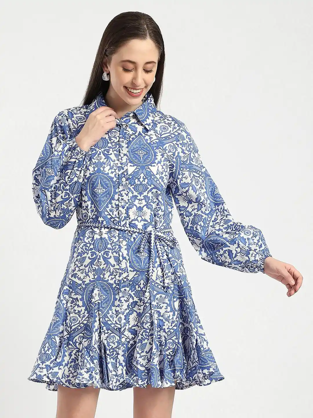 Buy R&B Women Bohemian Print Shirt Collar Bishop Sleeve Gathered