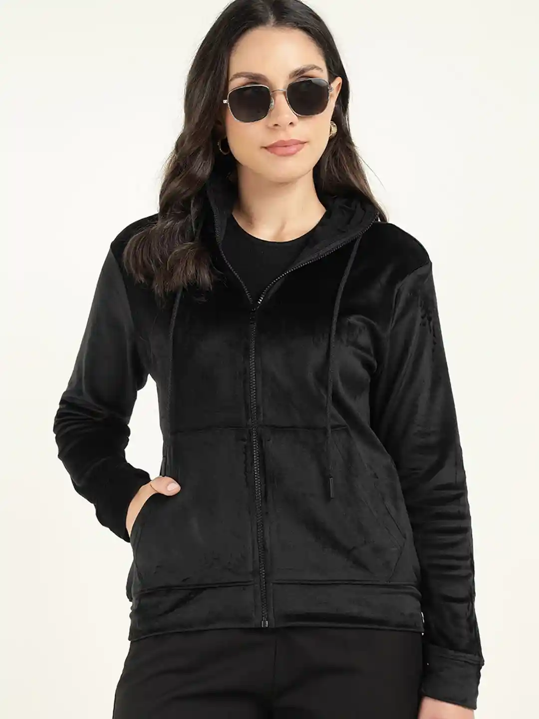 Buy Hancock Women Solid Hooded Velvet Long Sleeves Front-Open