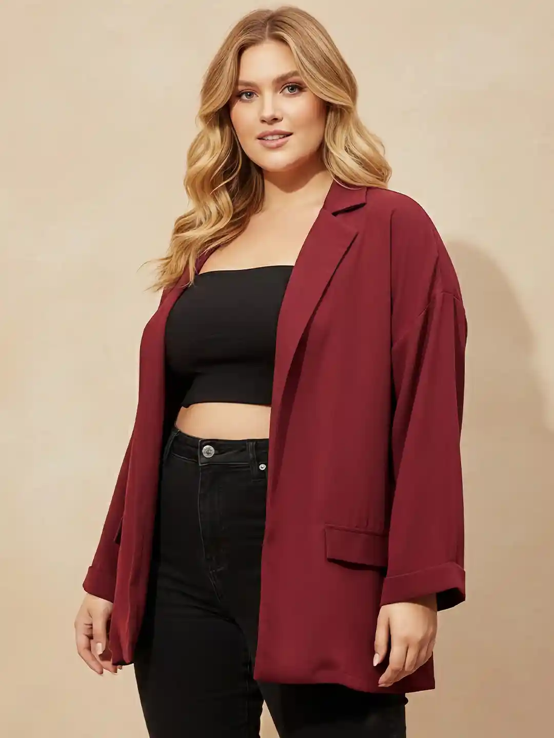 Berrylush Curve Plus Size Notched Lapel Comfort-Fit Single Breasted Blazer