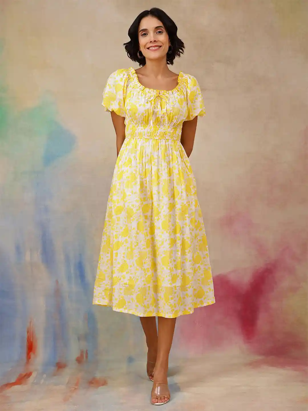 Buy House Of Zelena Floral Printed Puff Sleeve Fit Flare Midi