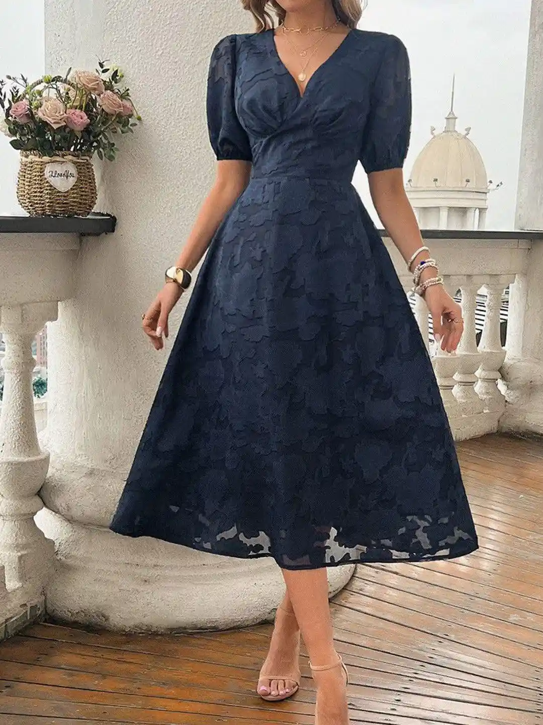 Buy Navy Blue Floral V-Neck Puff Sleeves Fit Flare Midi Dress