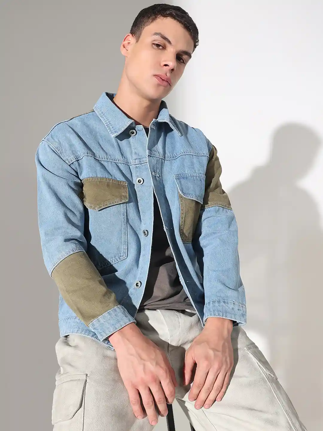 Buy SHOWOFF Men Solid Blue Denim Oversized Denim Jacket - Jackets
