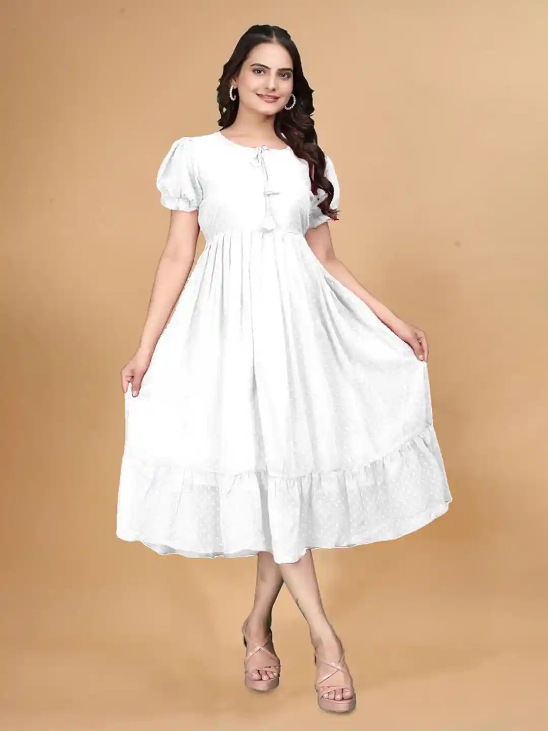 Buy vashist Puff Sleeve Georgette A-Line Midi Dress - Dresses for