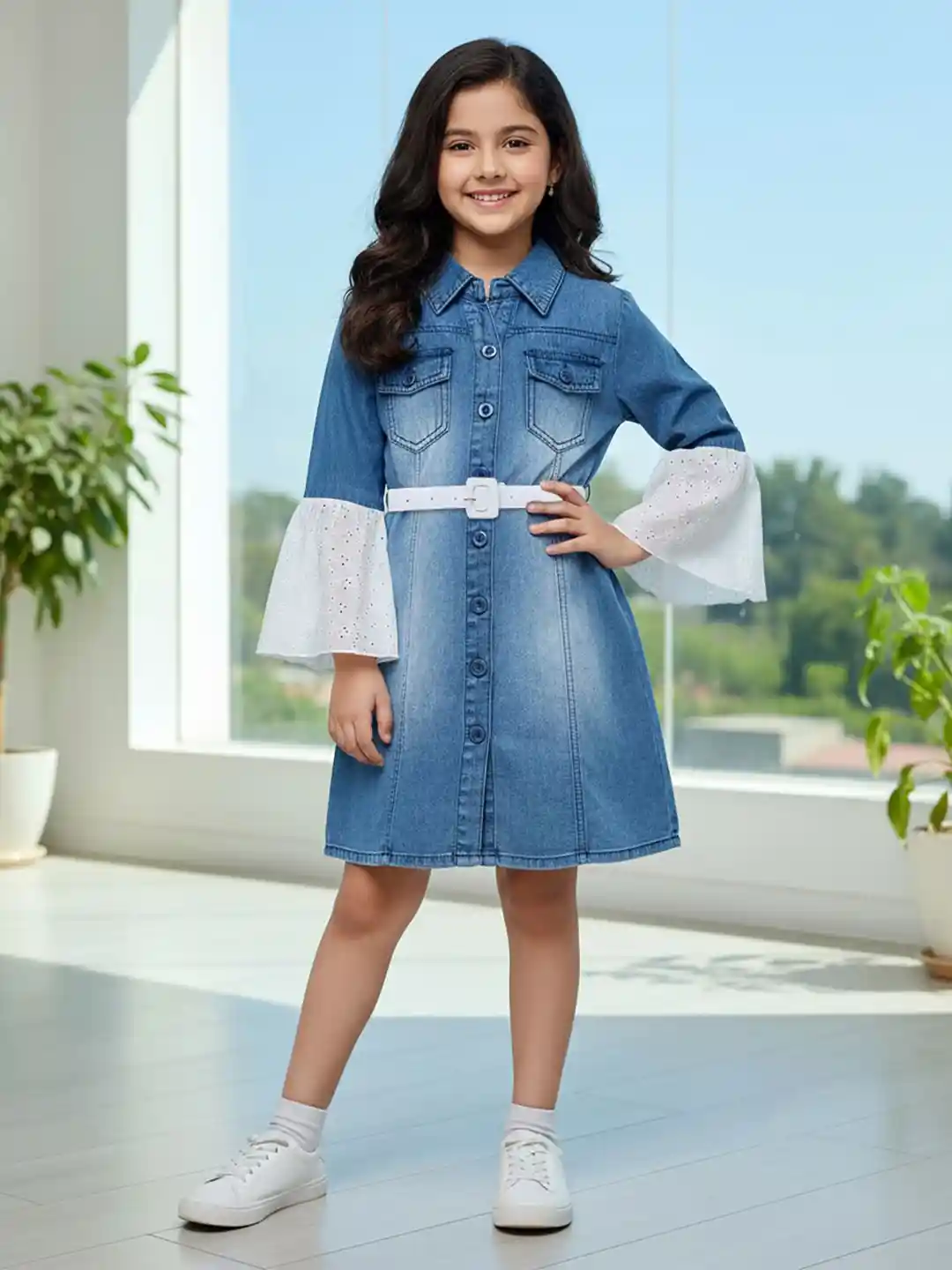 Buy Naughty Ninos Girls Schiffli Bell Sleeve Belted Cotton Denim