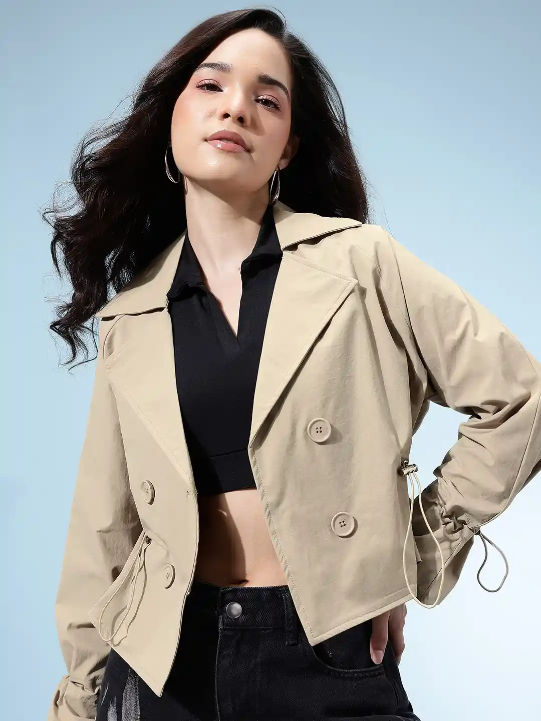 Buy glitchez Waist Drawstring Double-Breasted Trench Crop Coat