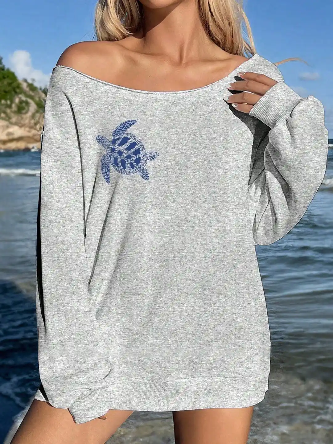 SXV STYLE Women Turtle Printed Off-Shoulder Oversized Sweatshirt