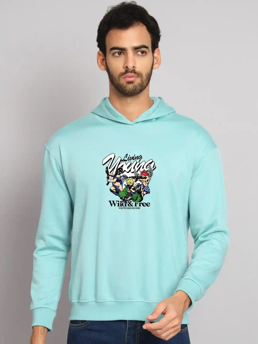 Buy Obaan Graphic Printed Hooded Long Sleeves Fleece Pullover