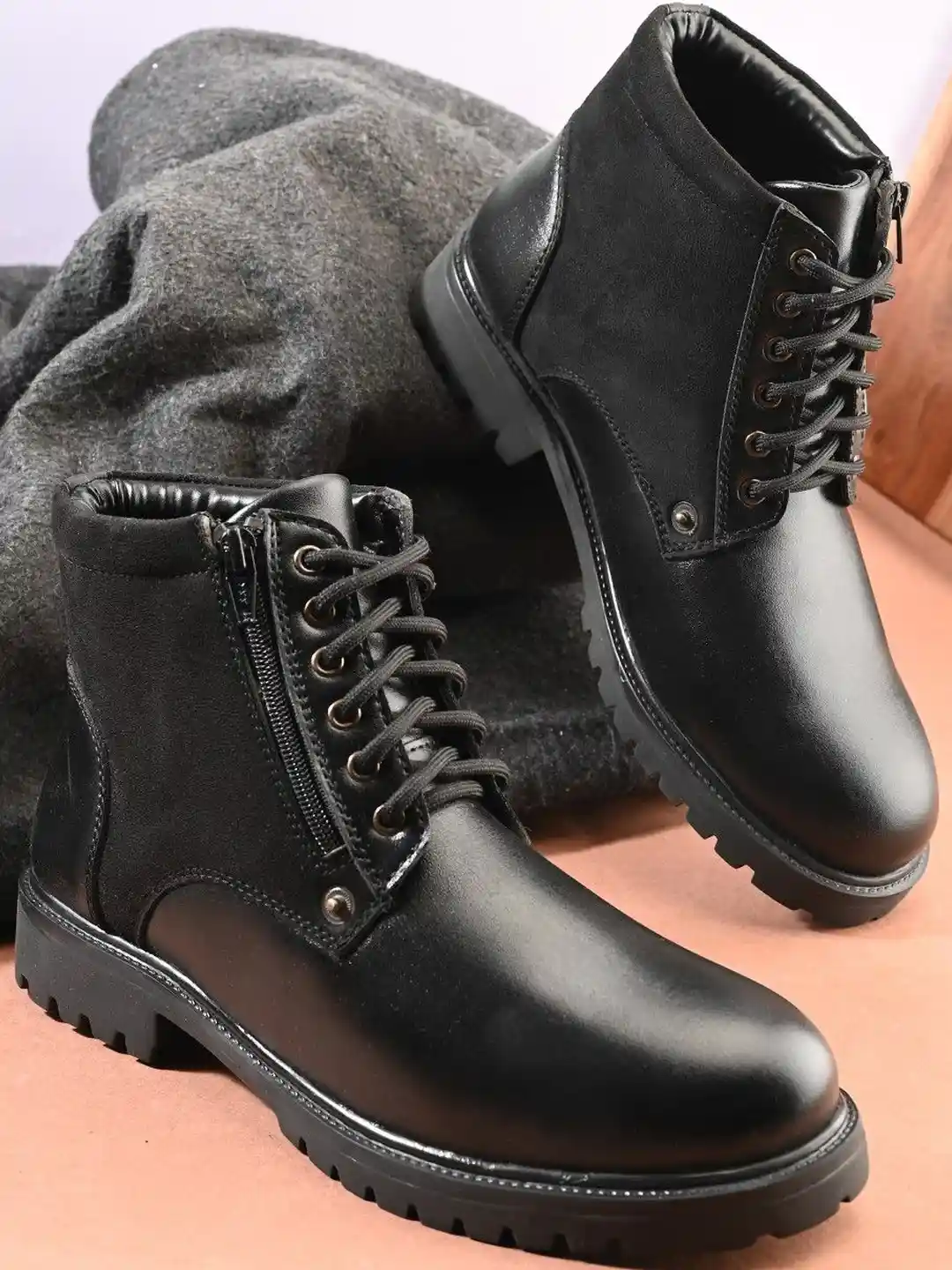 Roadster Men Black Leatherette Solid Round Toe Lace Up High Top Ankle Biker  Boots