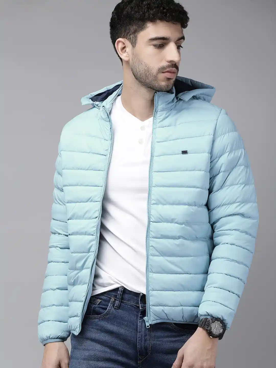 Buy Roadster Men Blue Detachable Hooded Puffer Jacket Jackets