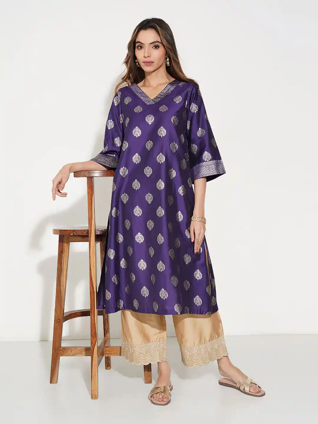 RANGMANCH BY PANTALOONS Ethnic Motifs Printed Flared Sleeves Sequinned  A-Line Kurta