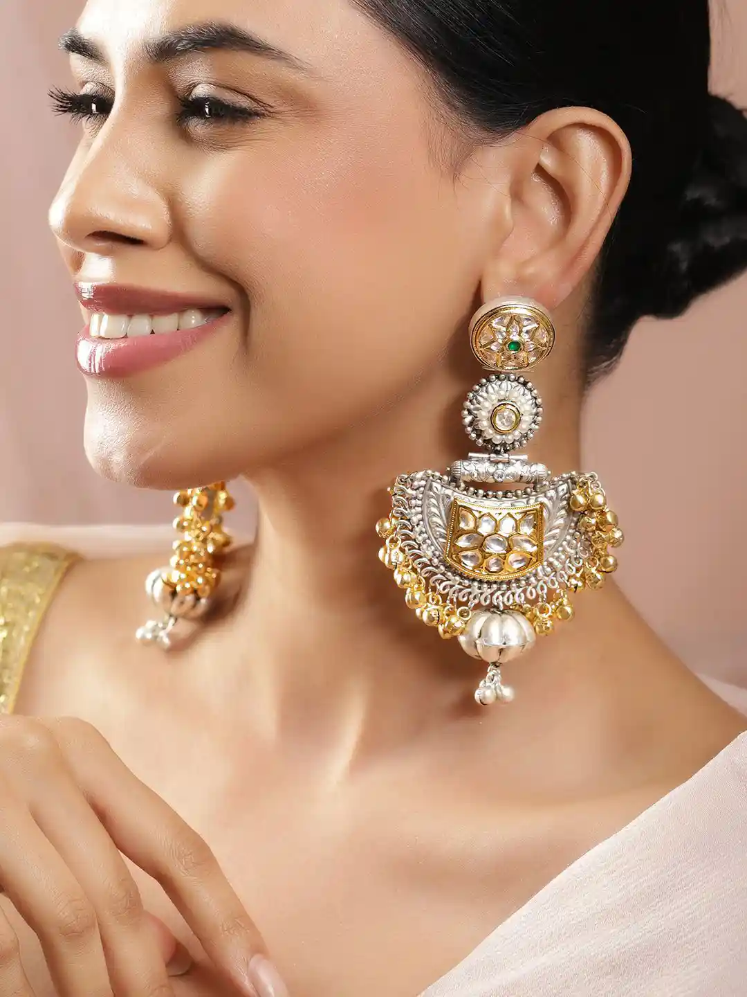 Buy Rubans Oxidised Silver Gold-Plated White Green Kundan