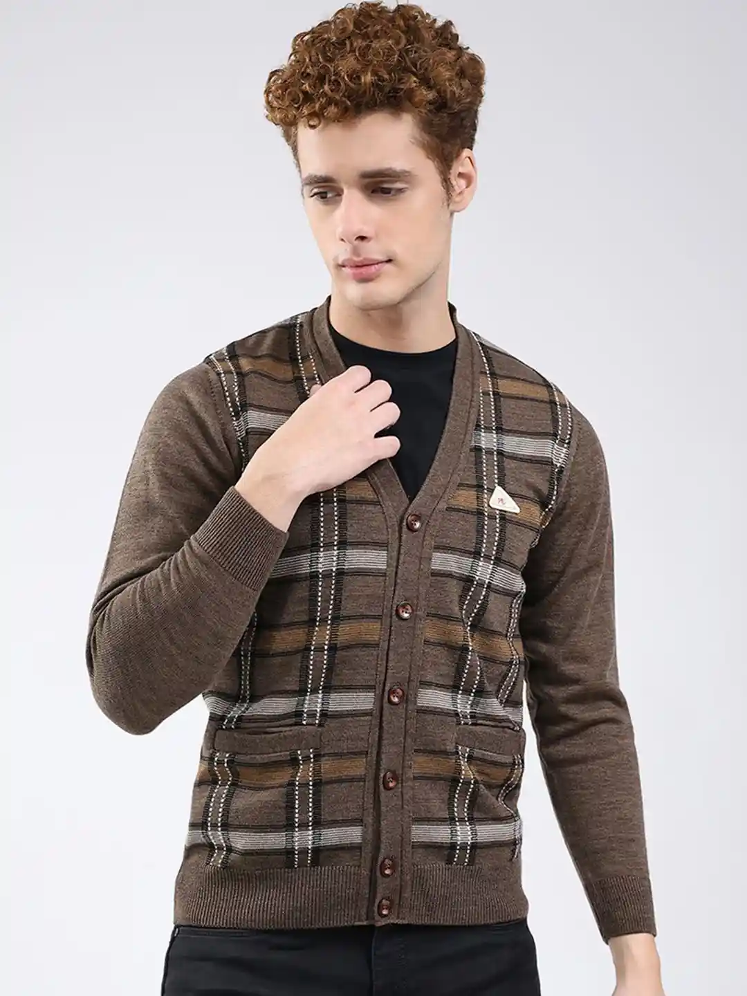 Buy Monte Carlo Men Checked V Neck Woollen Cardigan Sweaters for