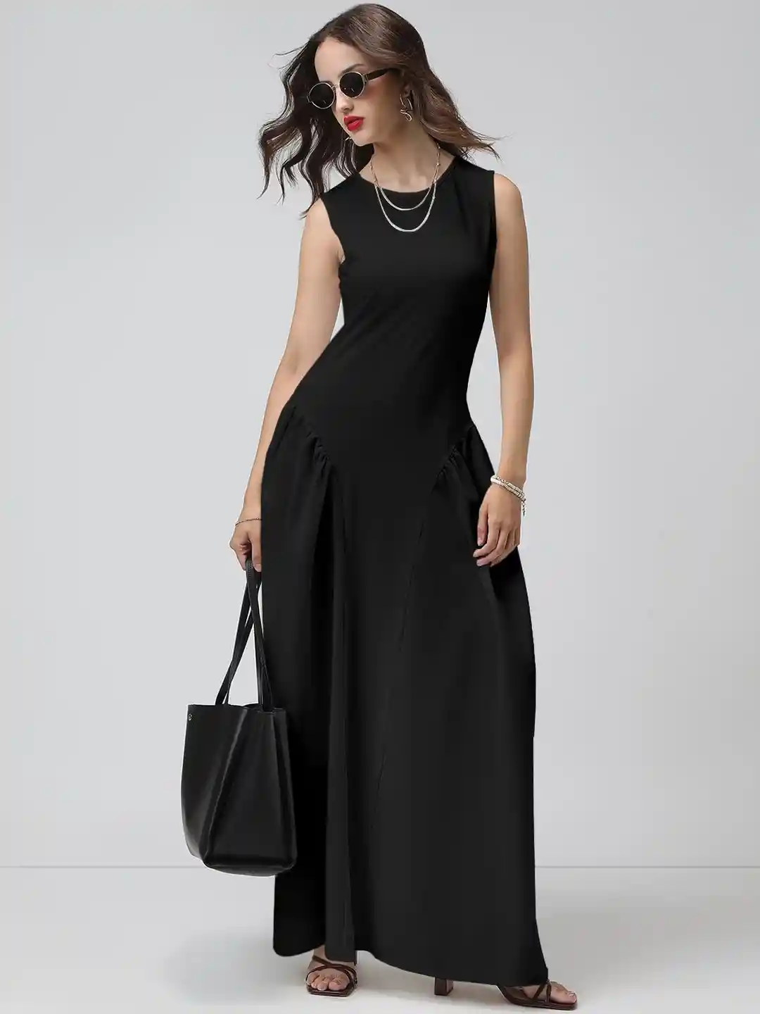 Buy SHOWOFF Women Black Cotton Sleeveless Fit Flare Maxi Dress