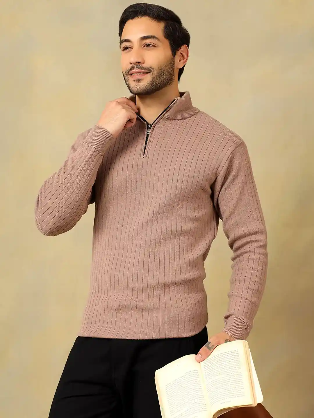 Voxmonks Men Solid Mock Collar Half Zipper Pullover Sweater