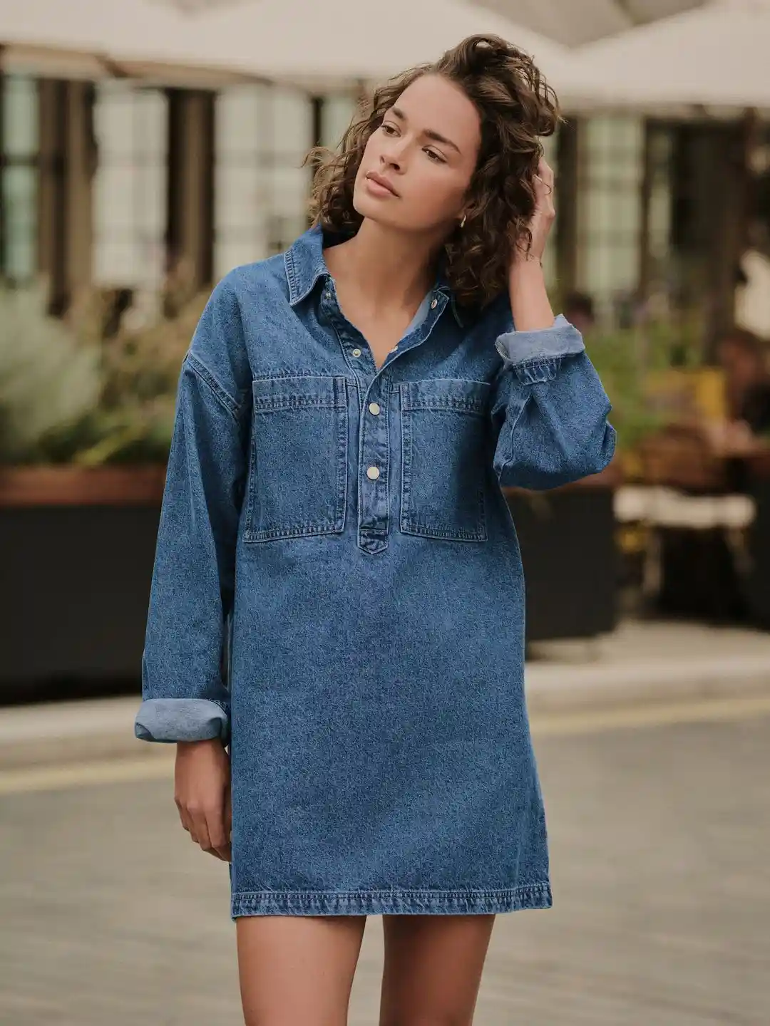 NEXT Washed Effect Pure Cotton Drop-Shoulder Sleeves Denim Shirt Dress