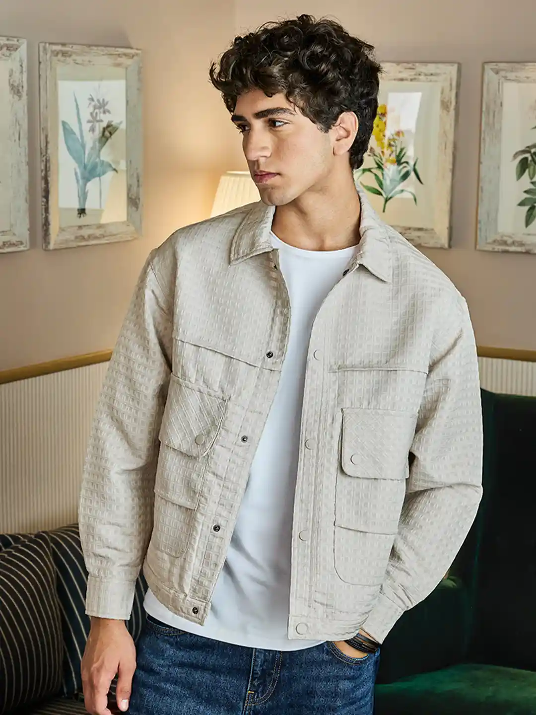 Buy Snitch Beige Men Self Design Lightweight Tailored Jacket