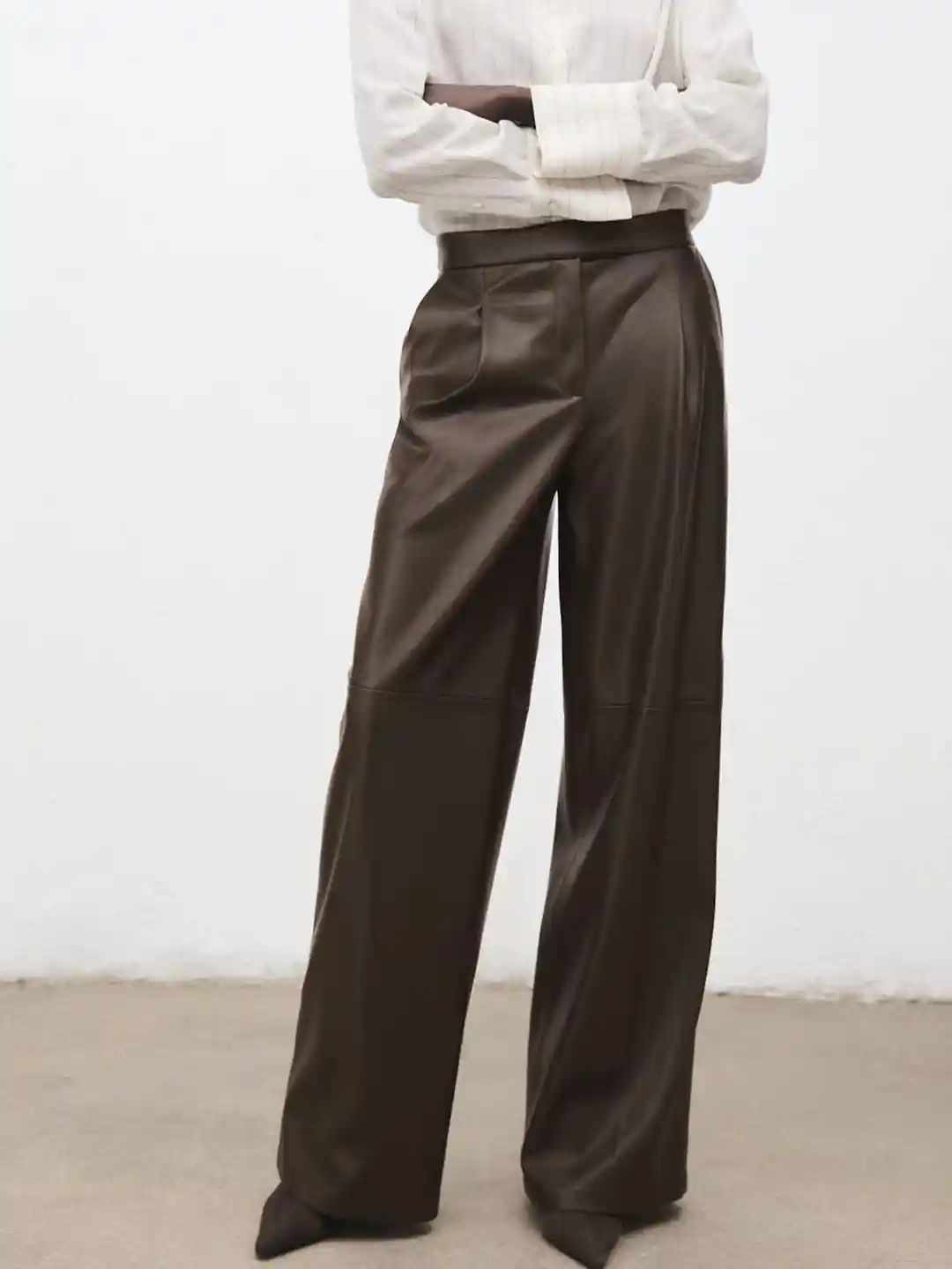 Buy MANGO Women Leather Effect Wide Leg Pleated Trousers