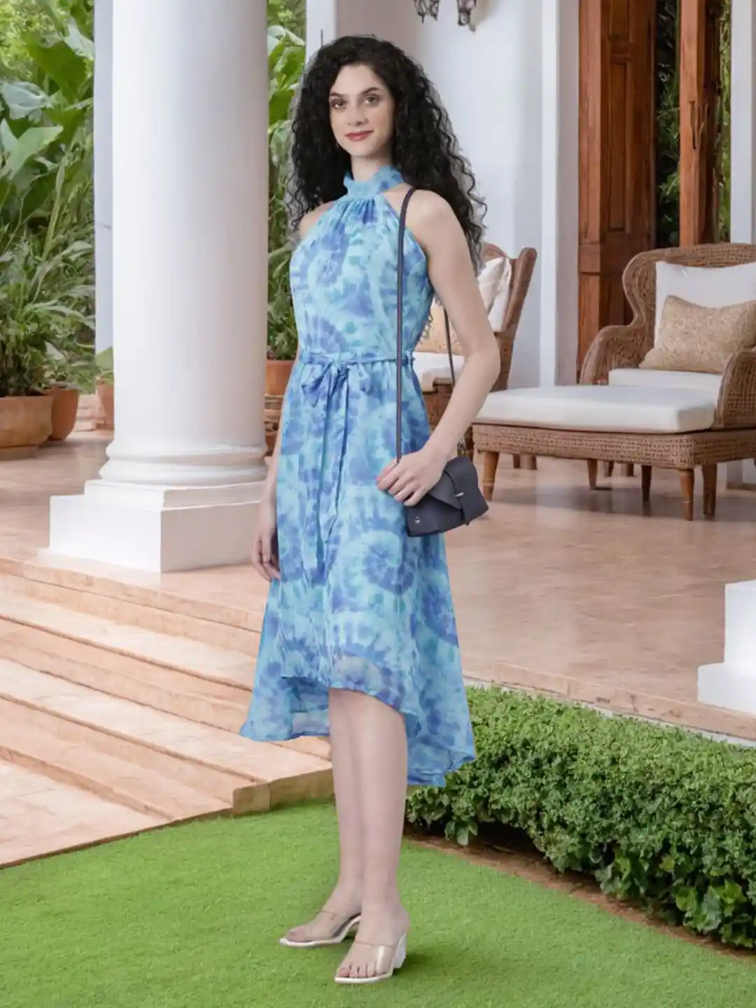 Chandbaali Tie and Dye Halter Neck Chiffon Fit and Flare Dress