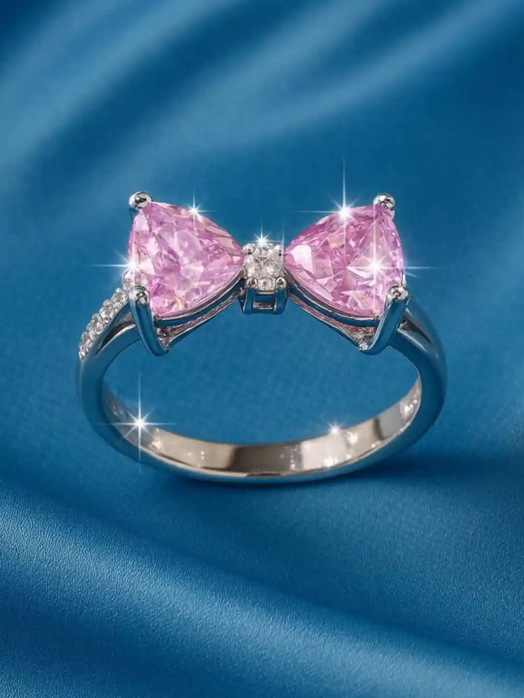 Nui Silver Plated Cubic Zirconia Studded Bow Shaped Finger Ring