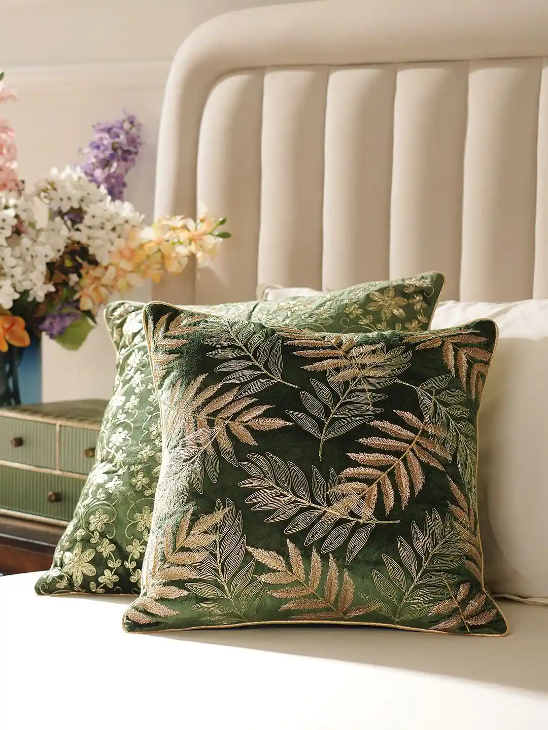 Buy Pure Home and Living Green Gold Toned Embroidered Velvet