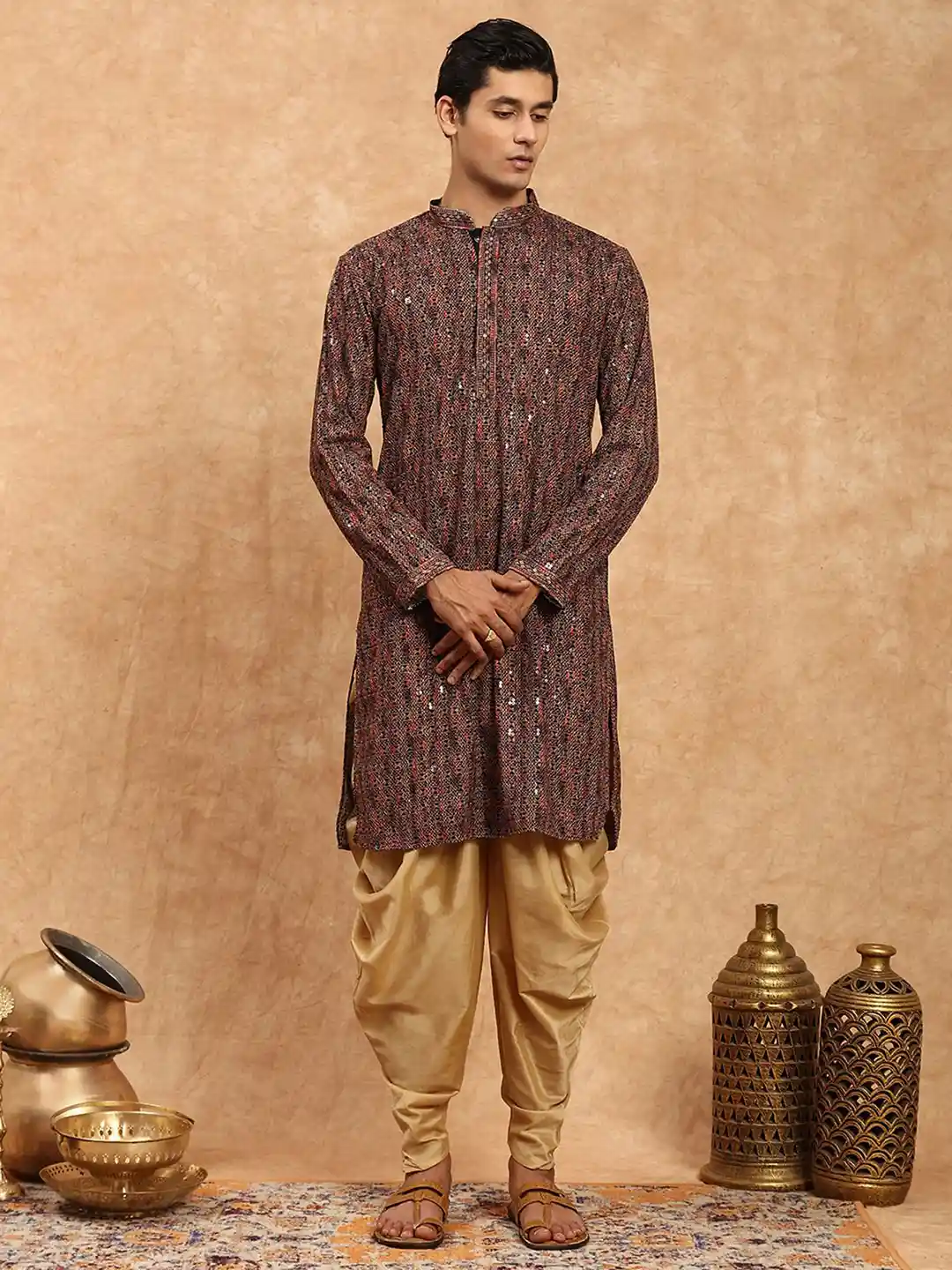 SOURAGYA Men Woven Design Embroidered Festive Straight Kurta