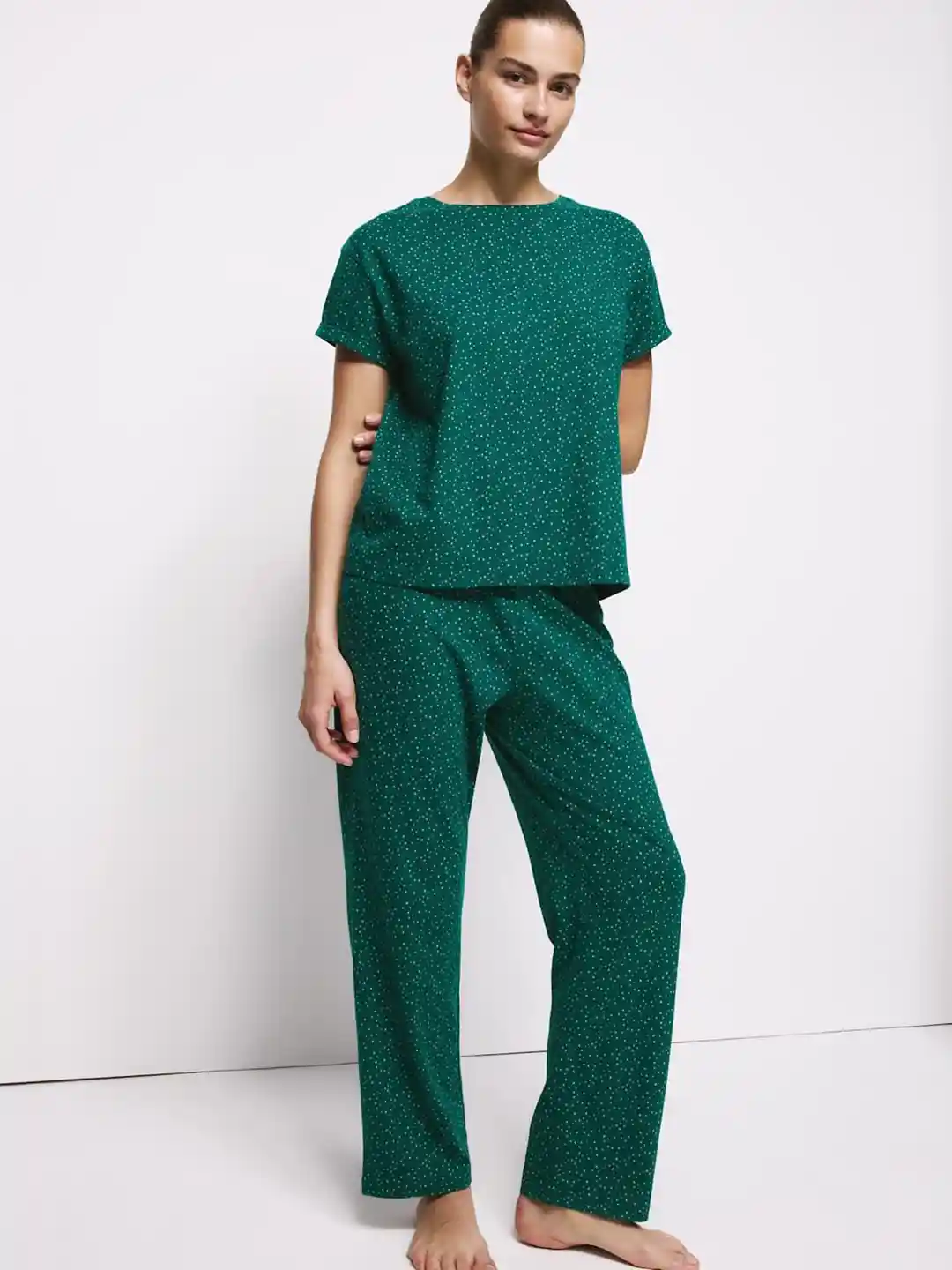 Marks Spencer Women Polka Dots Printed Round Neck Pure Cotton T-shirt  Pyjamas