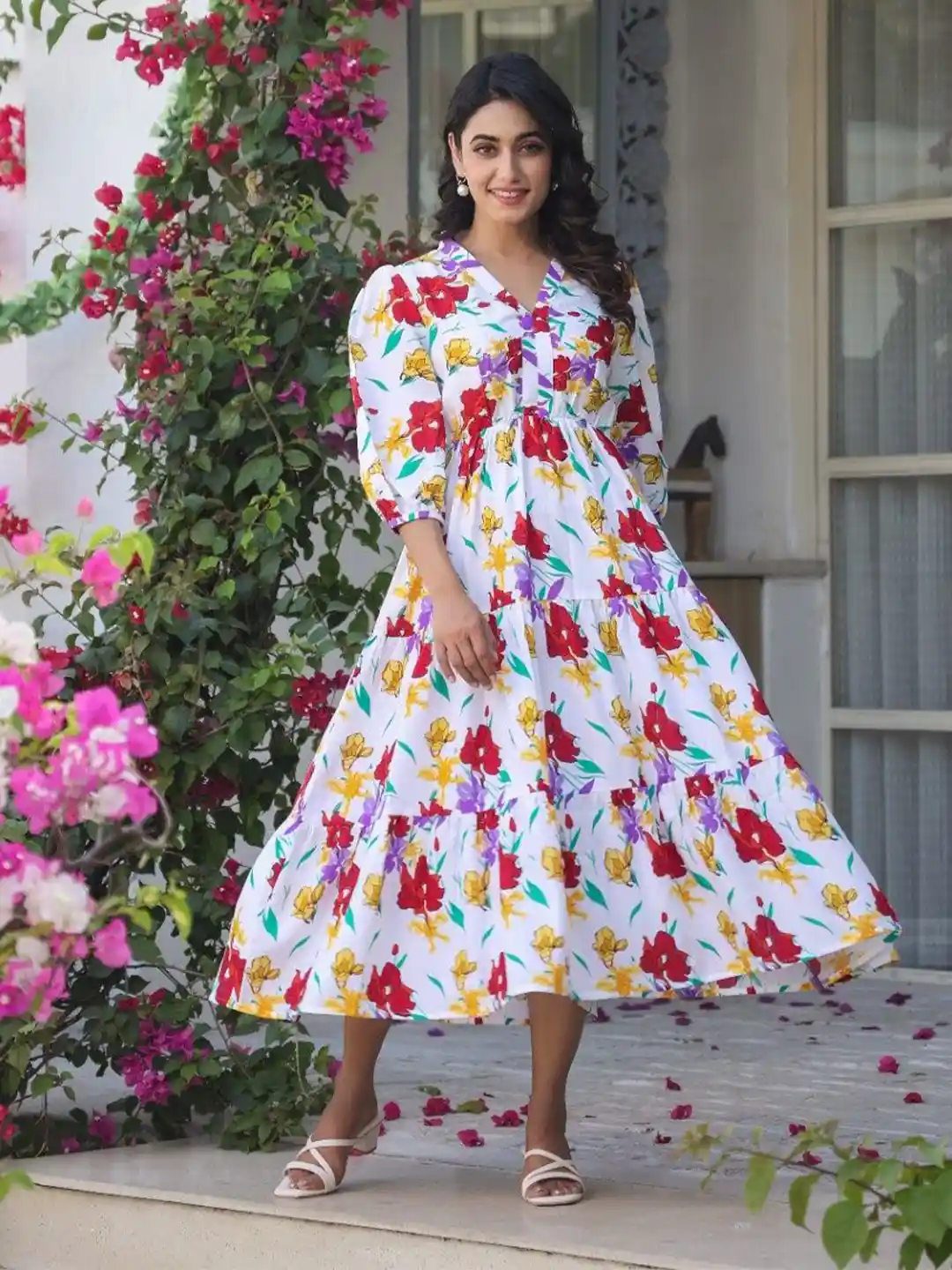 Buy M&H Easy Women Floral Print Puff Sleeve Fit Flare Midi Dress