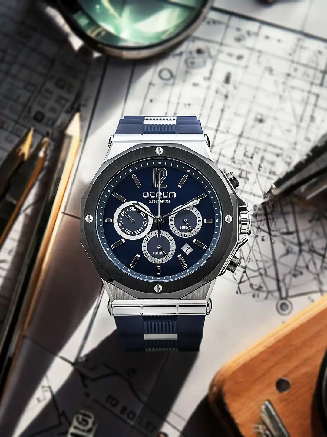 Kronos Cheap Leather Strap Watches QORUM INDIA Kronos Blue Dial Men  Chronograph Watch