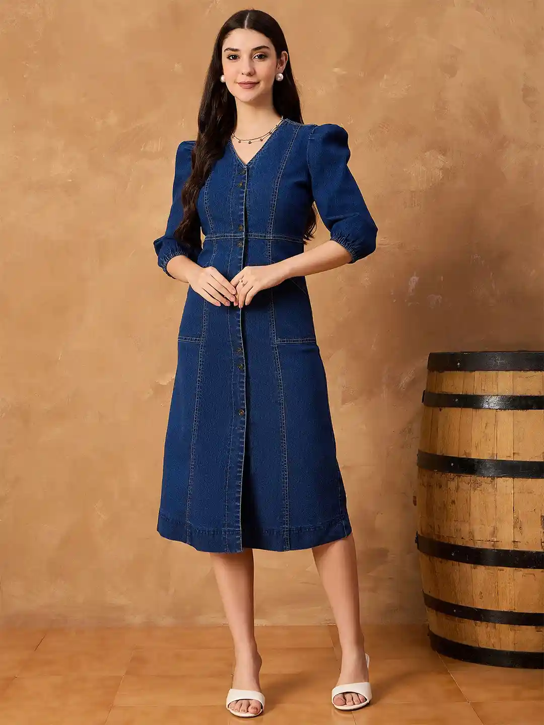 Buy all about you Women Puff Sleeve Button Down V Neck Denim A