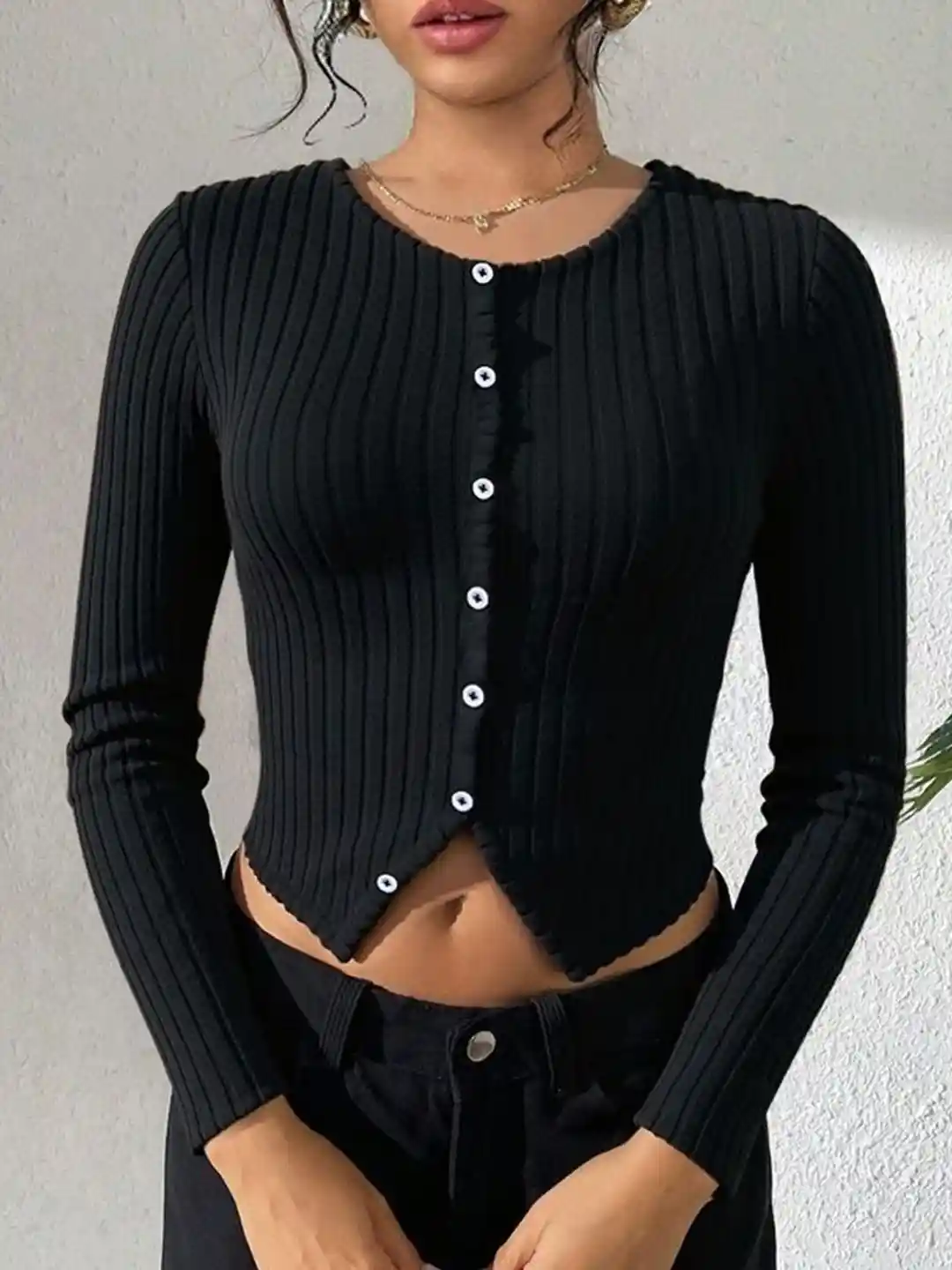 LULU SKY Women Ribbed Round Neck Button Detail Crop Cardigan